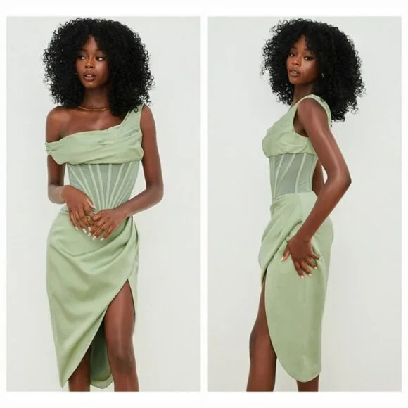 House of CB Lulu Asymmetric Drape Midi Corset Dress in Pistachio size S NWT  Women